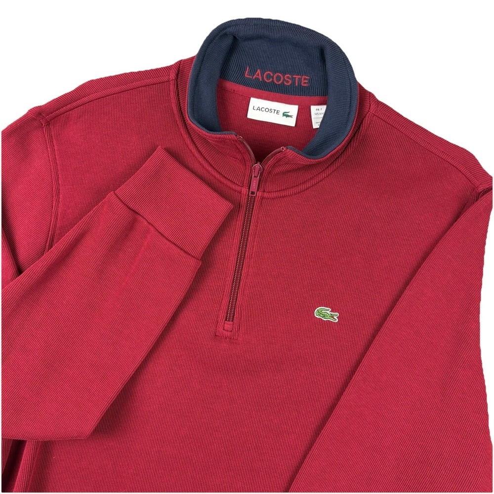 Lacoste Sweater Mens 2XL Red 1/4 Zip Knit Cotton Pullover Logo Classic Preppy